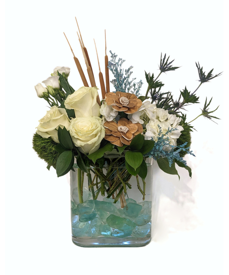 Bon Voyage - White Roses, Sola Flowers & Aquamarine Accents