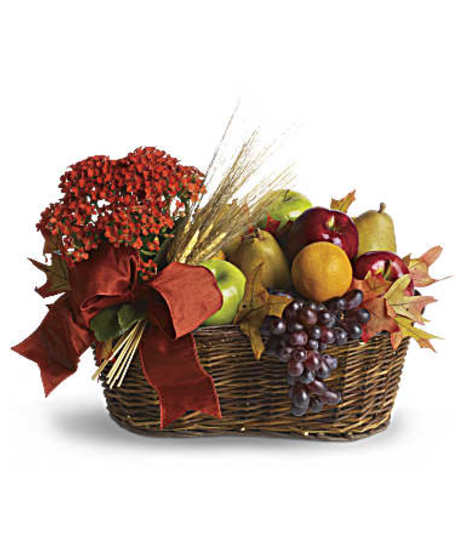 Fall Fruit Basket - Fruit & Blooming Plant with Autumnal Accents