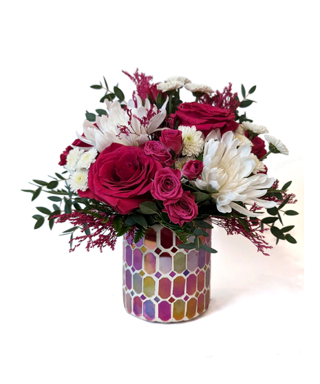 As You Wish - Vibrant Pinks & White in Stained Glass Mosaic Vase