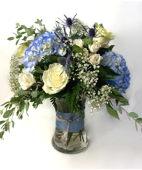 Singing in the Rain - Blue Hydrangea & White Roses