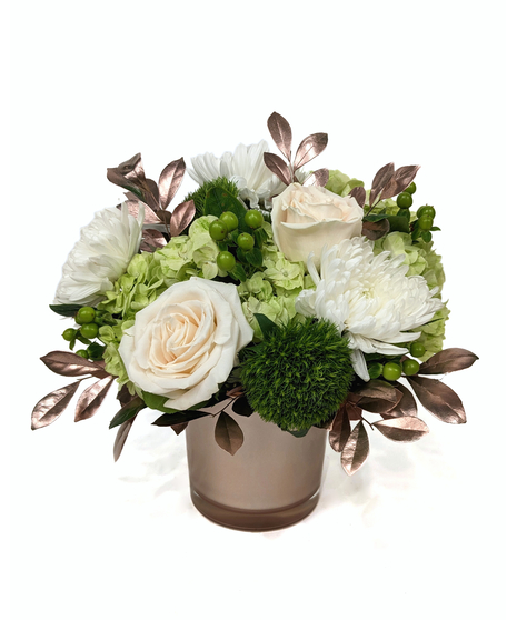 Moonstruck - Rose Gold Vase with White Roses & Green Hydrangea