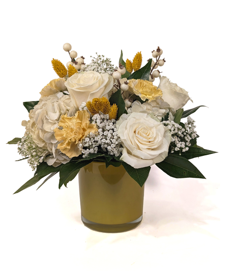 Over Easy - White Roses & Hydrangea with Soft Yellows