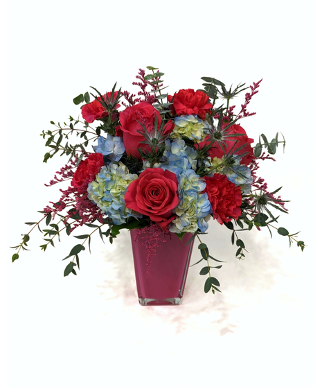 Fuchsia So Bright - Hot Pink Vase With Roses & Blue Hydrangea