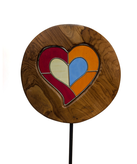 Teak Slab Stained Glass Heart - Garden Stake