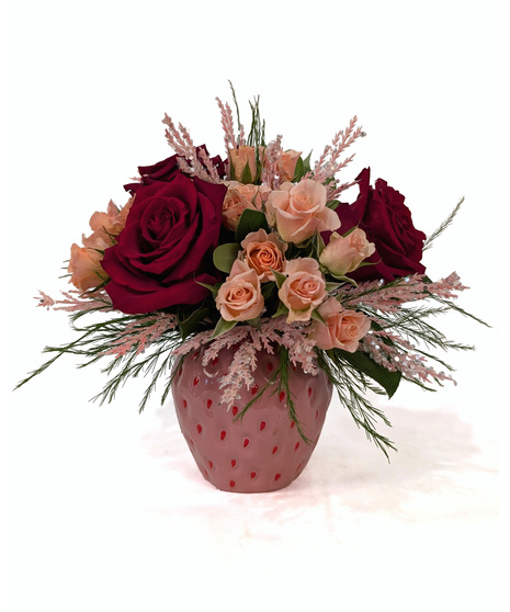Berry Season - Roses & Spray Roses in a Strawberry Vase