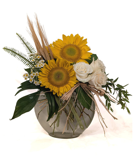 Sunrise Over Kalamazoo - Large Local Sunflowers with White Roses